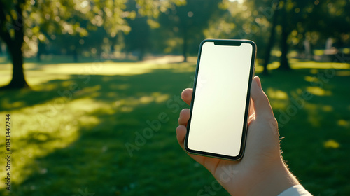 Fototapeta Naklejka Na Ścianę i Meble -  Man hand holding phone mockup with white screen, green grass and trees summer park background