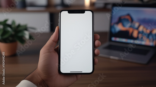 Man hand holding phone mockup with white screen, home office desk background with laptop, stationery and green plant