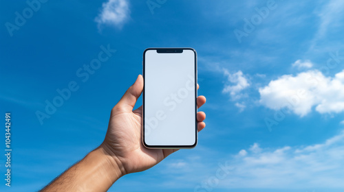 Man hand holding phone mockup with white screen, bright blue sky white fluffy clouds background

