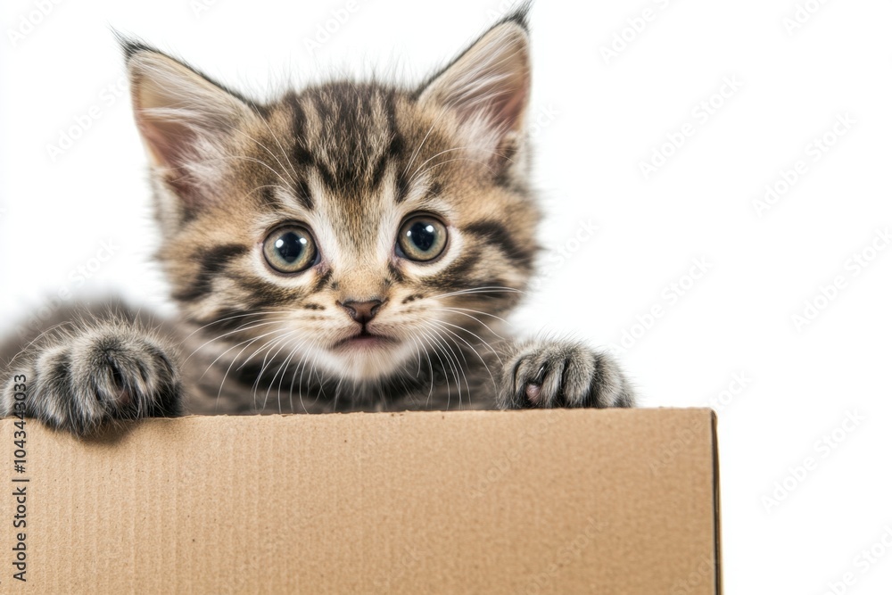 A curious kitten playing with a blank cardboard box, leaving space for text or logos. Perfect for cat toy promotions, kitten food branding, or pet care product advertisements. A curious kitten playing with a blank cardboard box, leaving space for text or logos. Perfect for cat toy promotions, kitten food branding, or pet care product advertisements.
