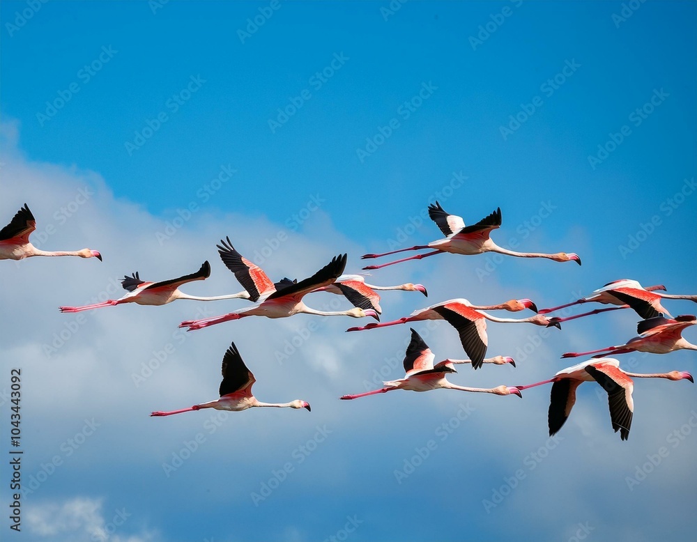 Fototapeta premium Flock of birds seagulls pelicans and flamingos migrating