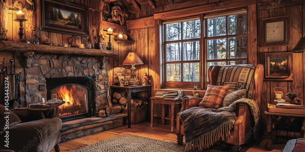 the cabin interior is cozy and rustic, featuring an old-fashioned wood ...