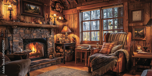 the cabin interior is cozy and rustic, featuring an old-fashioned wood-burning stove and vintage furniture. photo