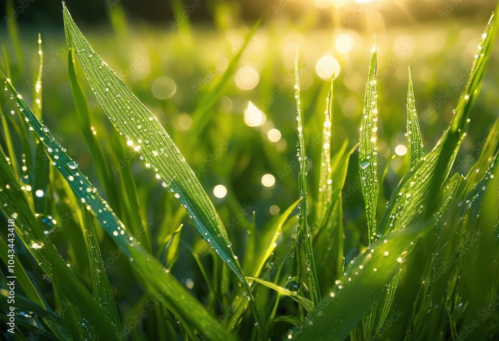 Naklejka premium luminous close dew kissed grass blades illuminated morning capturing natural beauty serenity, droplets, sunlight, nature, macro, softness, freshness