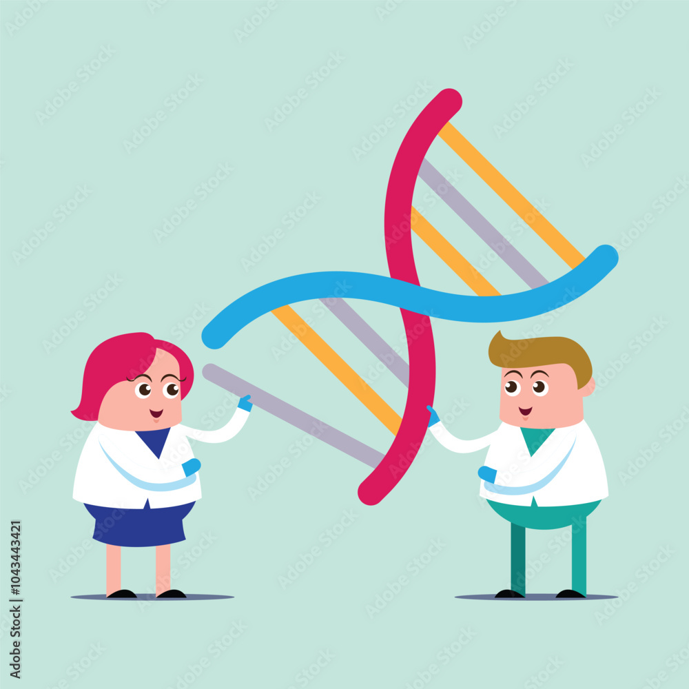 emotion cute vector, illustration flat cartoom character man and woman scientists doctor engineering DNA in laboratory. genes reasearch concept.