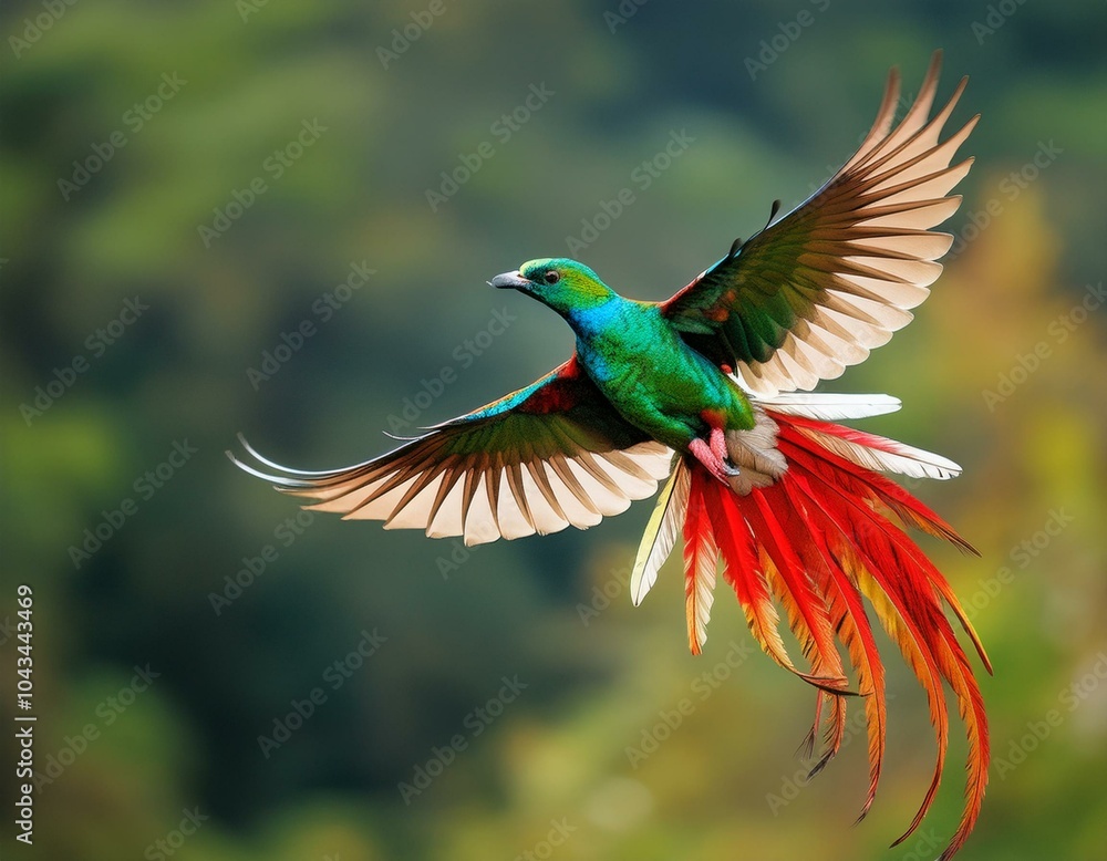Fototapeta premium Macaw parrot flying in dark green vegetation with beautiful back light and rain. Scarlet