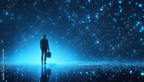 Silhouetted Businessman Standing Before a Blue, Starry Sky with Connected Lines