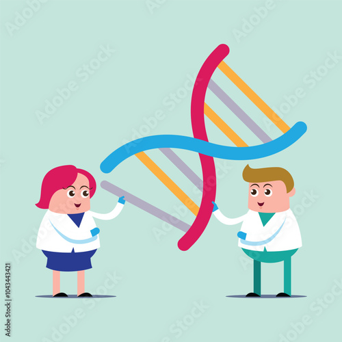 Obraz na płótnie emotion cute vector, illustration flat cartoom character man and woman scientists doctor engineering DNA in laboratory. genes reasearch concept. w salonie