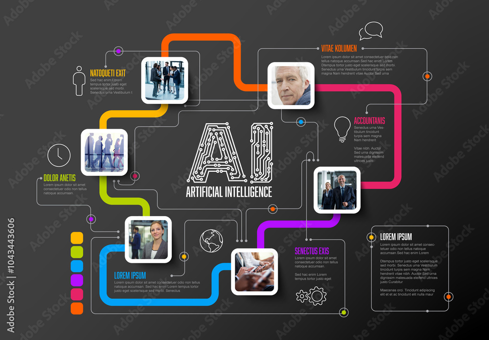 Ai artificial intelligence dark infographic template with photo placeholders and circuit