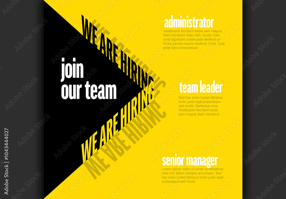 We are hiring minimalistic black and yellow flyer template with 3d text message