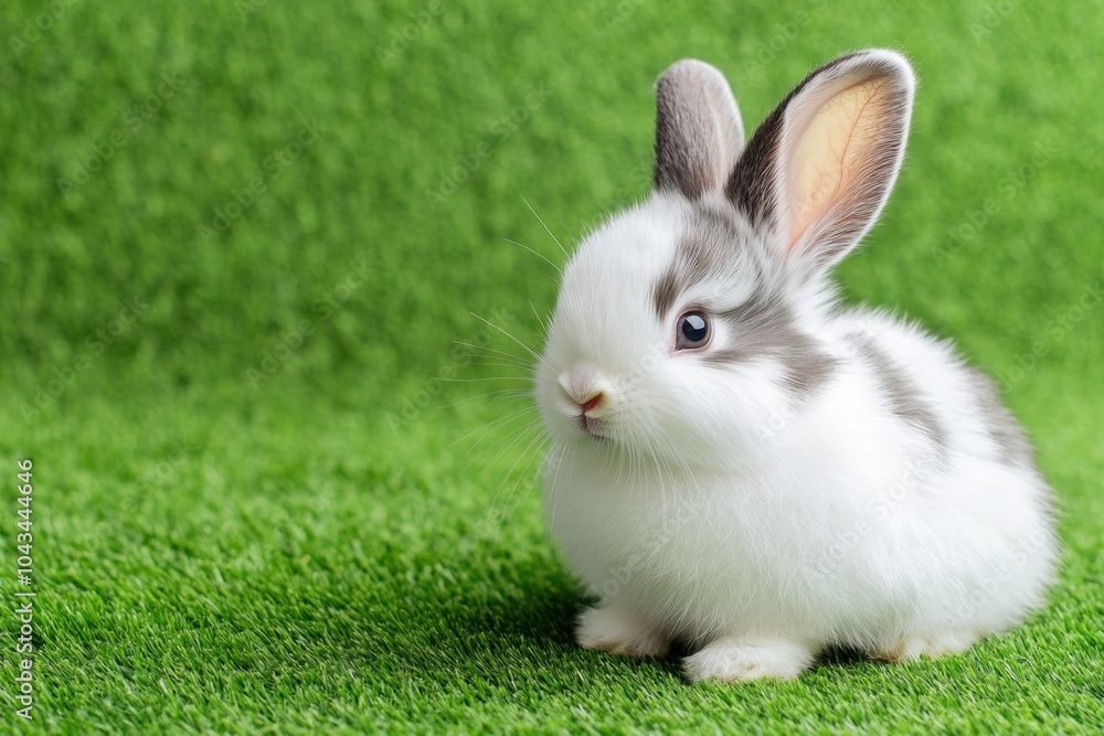 A fluffy bunny sitting on a blank grassy background with space for text or logos. Perfect for rabbit food advertisements, small pet product branding, or animal rescue promotions. A fluffy bunny sitting on a blank grassy background with space for text or logos. Perfect for rabbit food advertisements, small pet product branding, or animal rescue promotions.