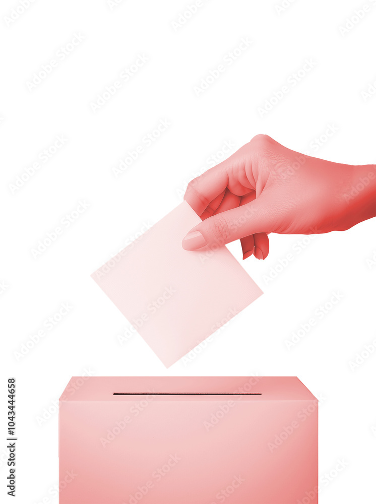 Obraz premium A hand is captured mid-motion as it places a ballot into a ballot box, set against a pastel pink background, creating a soft, minimalistic representation of elections and democracy.