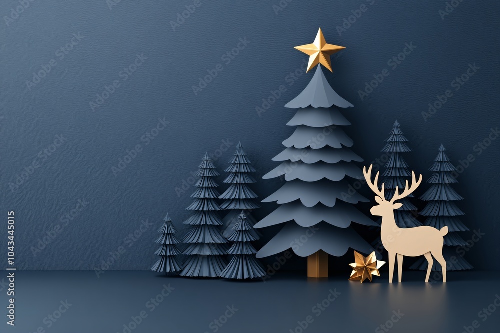 Naklejka premium Holiday winter landscape with deer in night snowy forest. Christmas greeting card. Paper cut, papercraft, quilling. Sale product banner with copy space