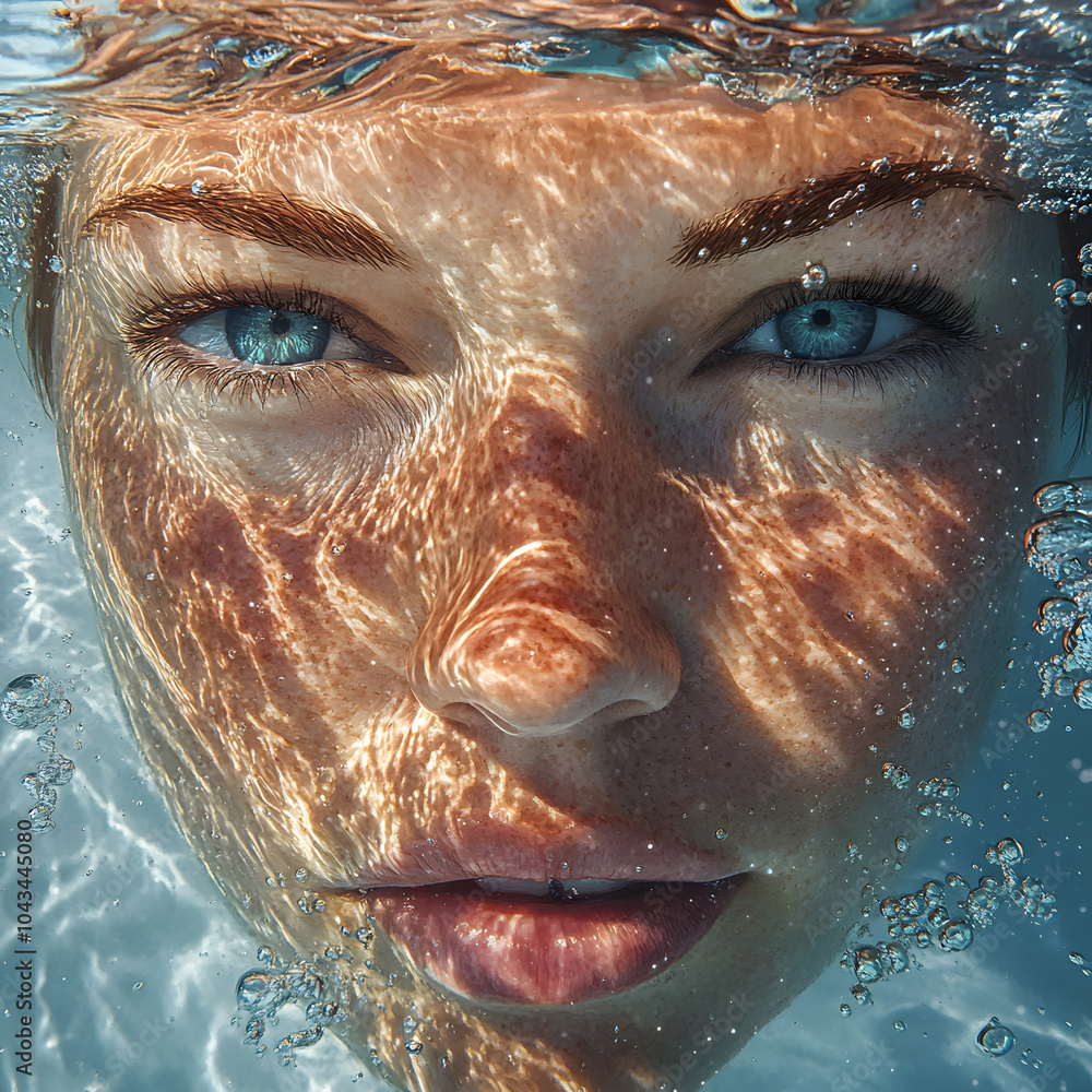 Fototapeta premium close-up image of a woman’s face, fully submerged in water, as though both the camera and her face are underwater