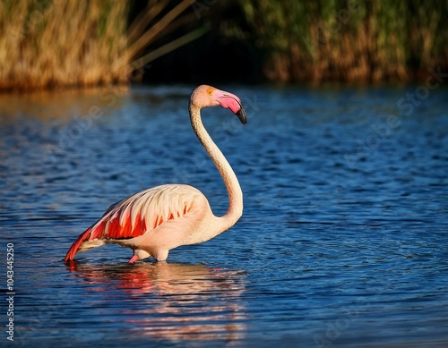 two flamingos are resting in the water