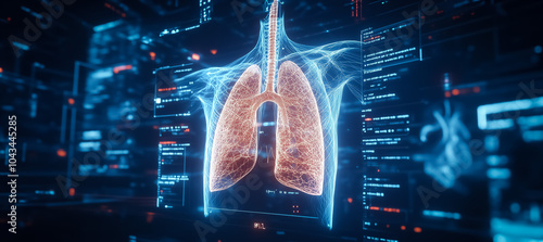 Advanced visualization of human lungs in a high-tech, digital wireframe format, showcasing intricate anatomical details and futuristic medical interface.