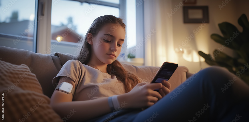 A teenage girl sits comfortably on a sofa at dusk, using her smartphone with a calm expression, her cozy room softly lit in the background. A teenage girl sits comfortably on a sofa at dusk, using her smartphone with a calm expression, her cozy room softly lit in the background.