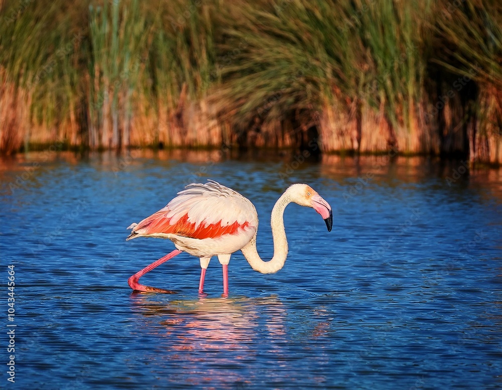 Fototapeta premium two flamingos are resting in the water