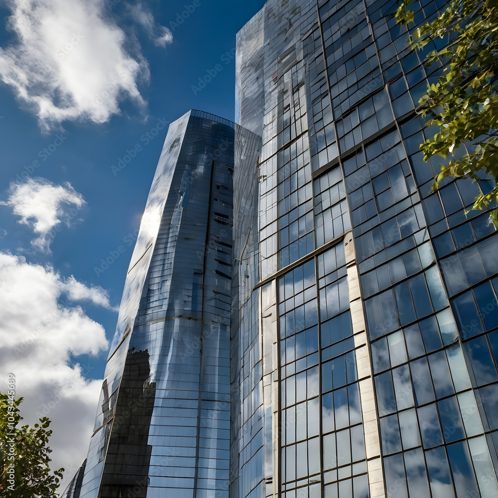 Fototapeta premium Modern architectural design with reflections and greenery