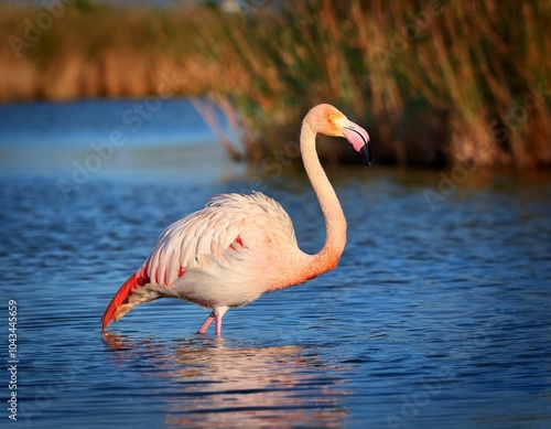 two flamingos are resting in the water