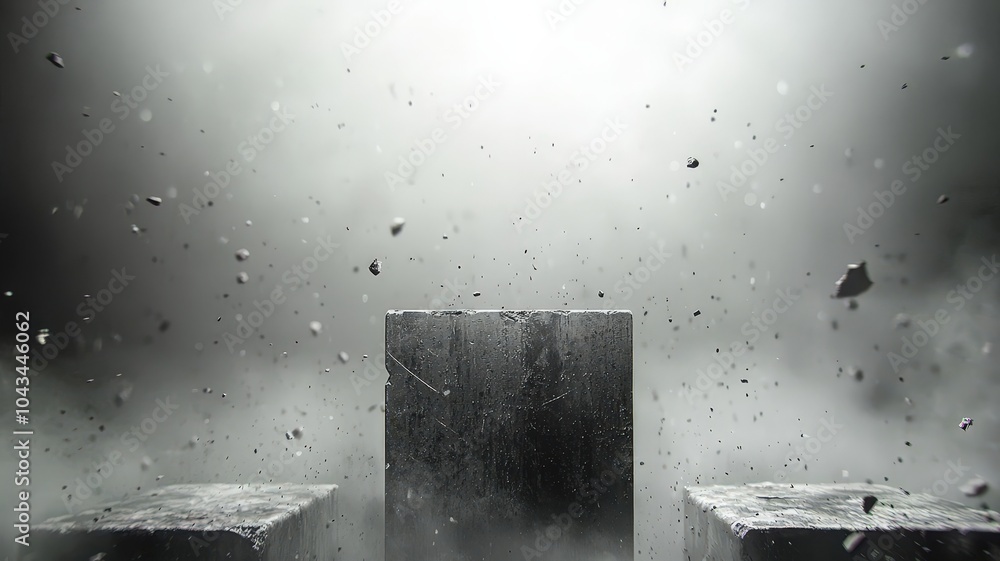 Obraz premium A striking scene featuring abstract blocks amidst swirling mist and debris, illuminated by a bright light above, creating an ethereal atmosphere.