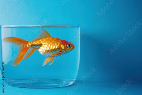 A goldfish swimming in a clear aquarium tank with a blank blue background, leaving space for text or logos. Perfect for fish food branding, pet shop advertisements, or aquarium product promotions.  photo