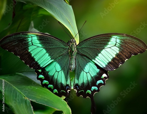 Butterfly Green swallowtail butterfly, Papilio  palinurus in a rainforest photo