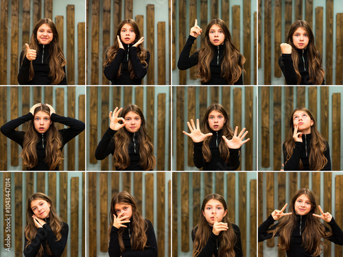 Different facial expressions collage set portraits of child model in black wear. Emotional face child girl, kid actress 11 year old emotions portfolio. Actor set emotion concept. Copy ad text space photo