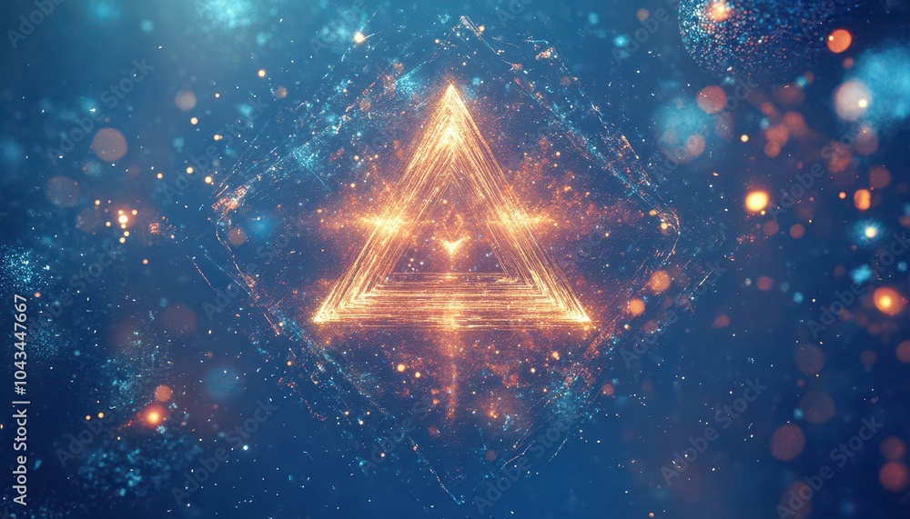 Glowing Golden Triangle with Scattered Light on Blue Background Glowing Golden Triangle with Scattered Light on Blue Background