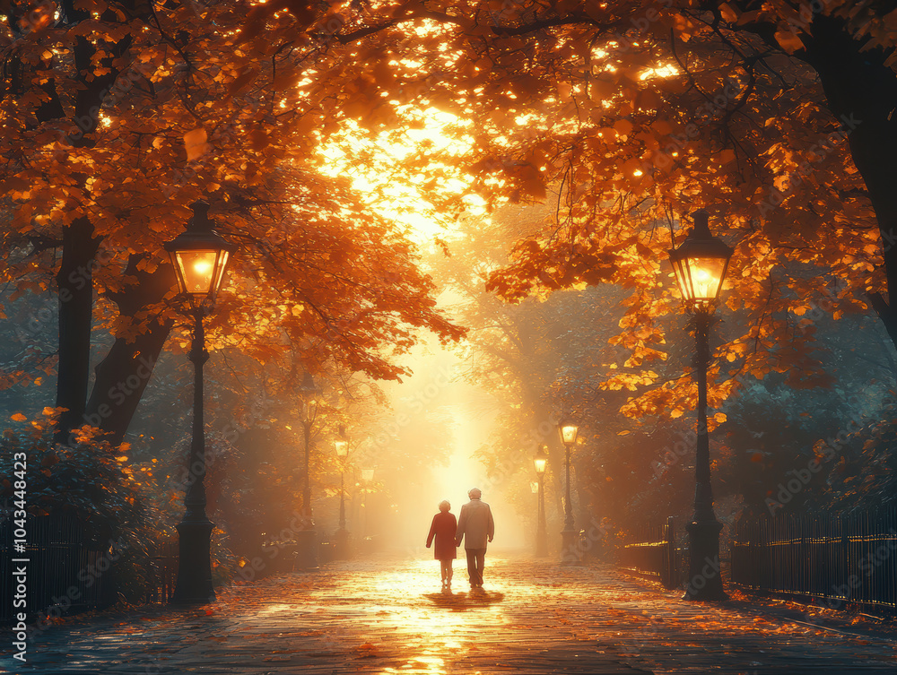 elderly couple is taking a walk in the country lane under the shade of trees. AI generative. elderly couple is taking a walk in the country lane under the shade of trees. AI generative.