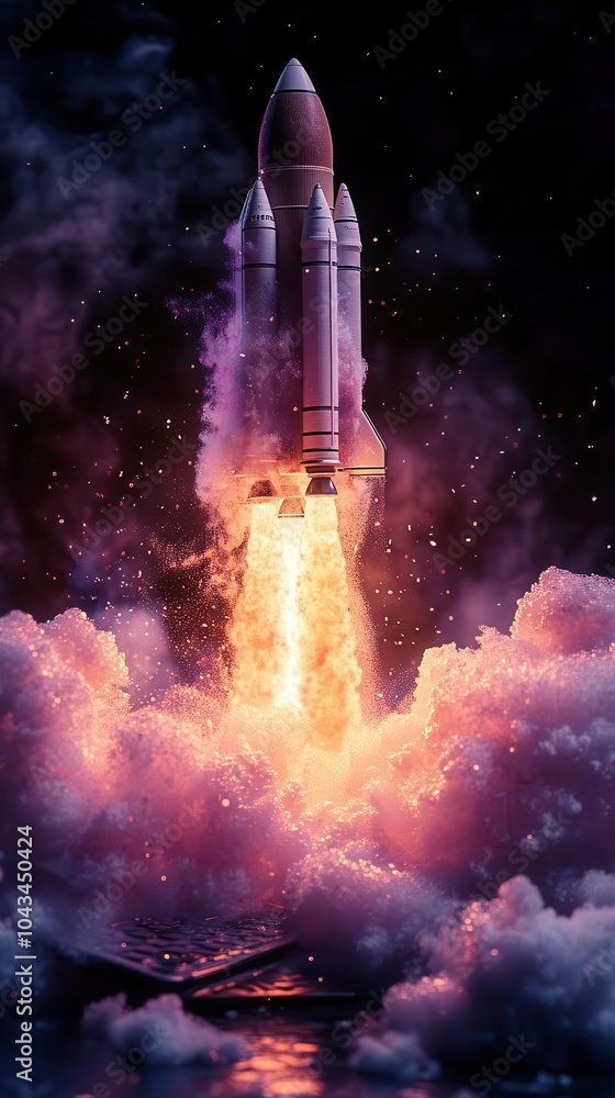 rocket emerging from a laptop screen set against a bold black and purple background symbolizing innovation and the fusion of technology with dreams and exploration rocket emerging from a laptop screen set against a bold black and purple background symbolizing innovation and the fusion of technology with dreams and exploration