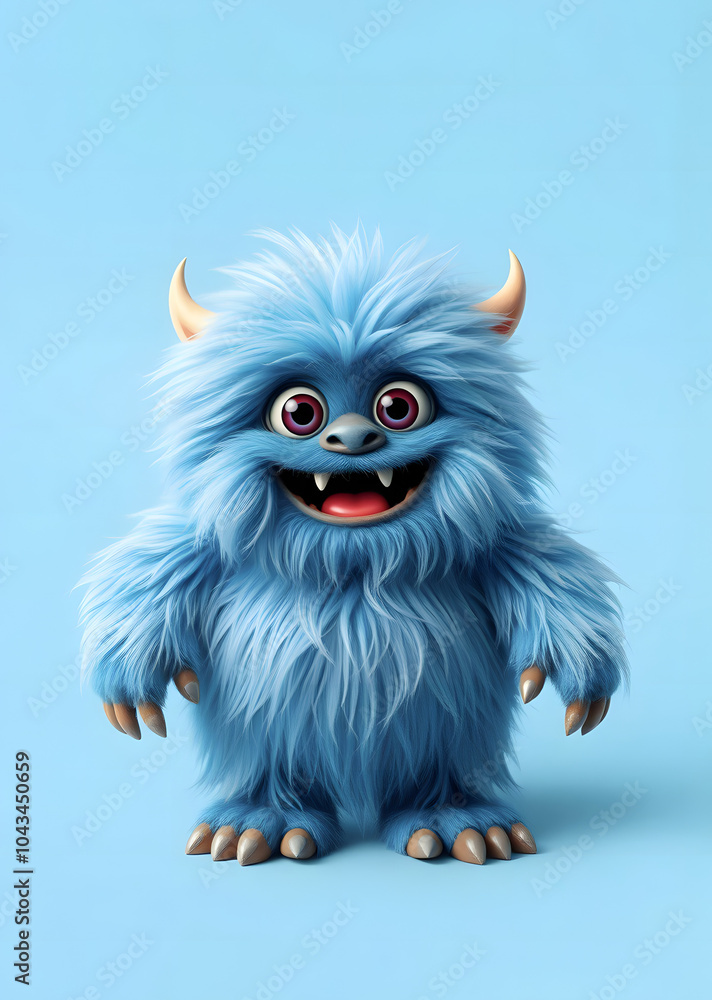 A cheerful fluffy blue monster on a bright blue background. A joyful and fluffy little weirdo. A charming yeti. A Halloween character. A cheerful fluffy blue monster on a bright blue background. A joyful and fluffy little weirdo. A charming yeti. A Halloween character.