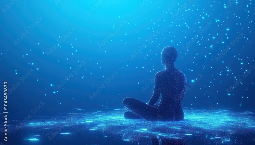 A Digital Being Meditating on a Glowing Field of Particles A Digital Being Meditating on a Glowing Field of Particles