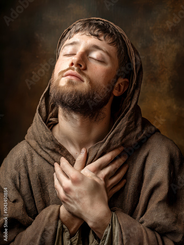 st Francis of Assisi, young man, monk, beard, brown clothing, AI generative. photo