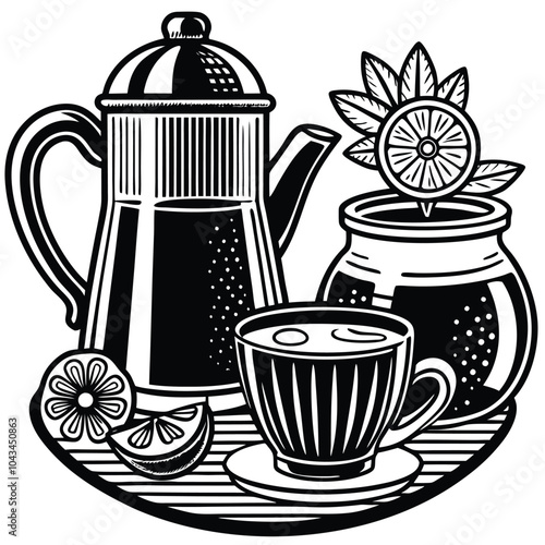 Line drawing of coffee and tea time, featuring cups, teapots, mugs, beans, and leaves in minimal style.