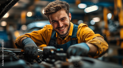 Wallpaper Mural Male Auto Mechanic in Overalls Working Under Car Hood in Repair Shop Torontodigital.ca