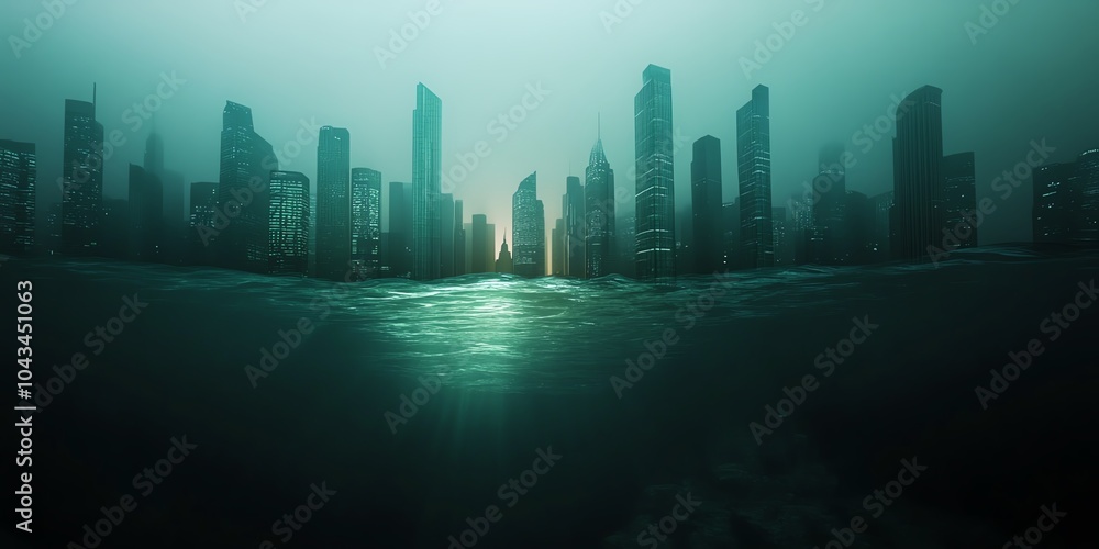 Submerged cityscape with a light shining through the water. Submerged cityscape with a light shining through the water.