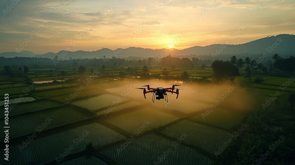 Drone Spraying in Rice Fields During Sunrise in Thailand Drone Spraying in Rice Fields During Sunrise in Thailand