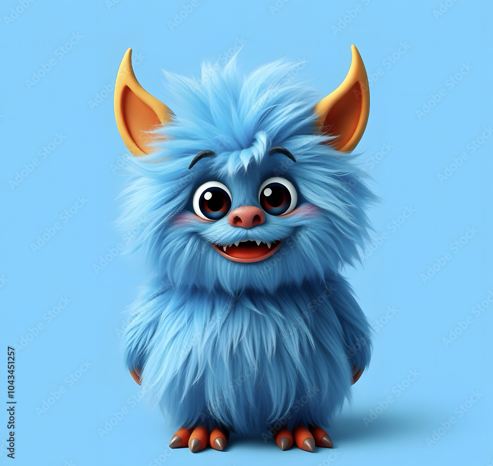 Fototapeta premium A cheerful fluffy blue monster on a bright blue background. A joyful and fluffy little weirdo. A charming yeti. A Halloween character.