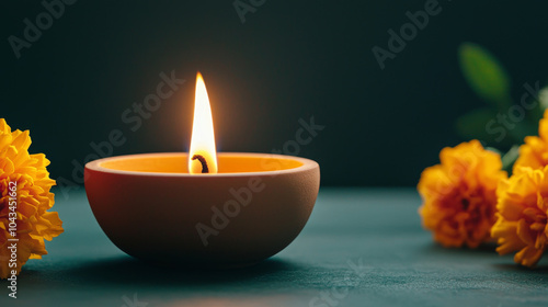 The tranquil glow of a single flame embracing serenity with marigold accents in a peaceful setting
