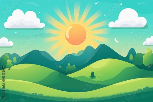 Playful Nature Background with Fluffy Clouds, Sun, and Rolling Terrain