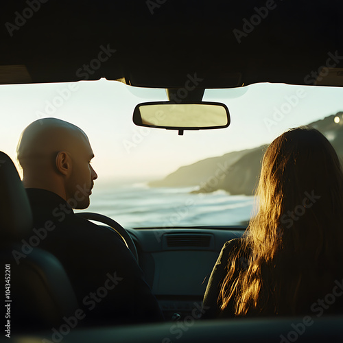 A male driver with a bald head drove a female novelist with long hair on the beautiful coast of California photo