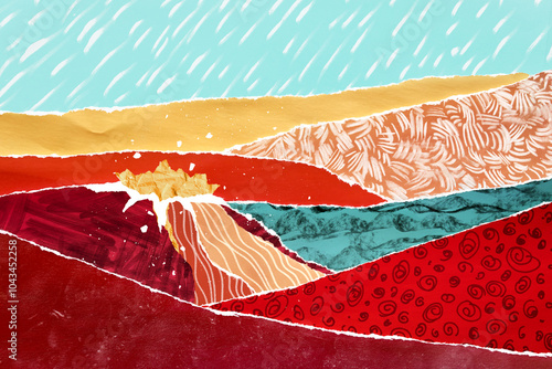 Photo of abstract composition of patchy volcano mounted landscape made from colorful pieces of paper. Reuse paper trash to create a new collage. Hand drawn textured pieces.