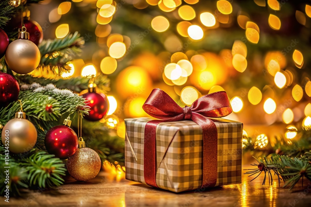 Festive Christmas Present Under the Tree with High Depth of Field for Holiday Cheer Festive Christmas Present Under the Tree with High Depth of Field for Holiday Cheer