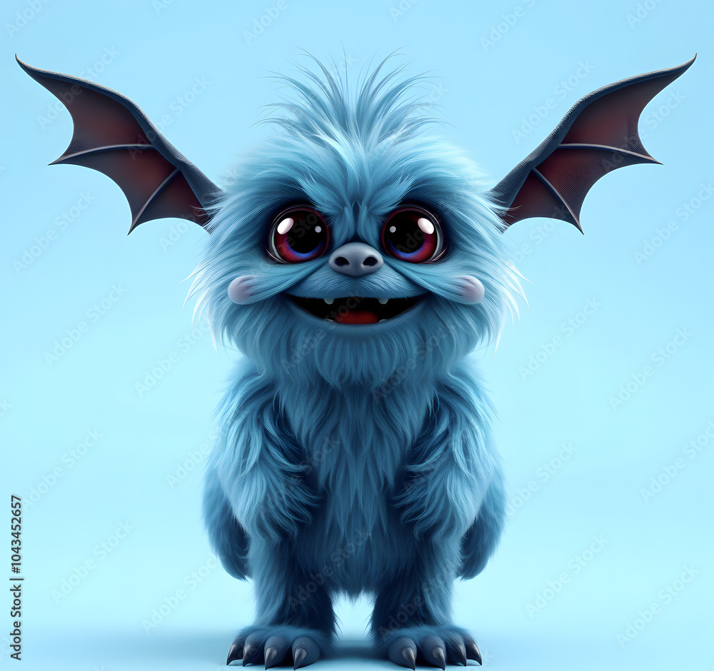 Obraz premium A cheerful fluffy blue monster on a bright blue background. A joyful and fluffy little weirdo. A charming yeti. A Halloween character.