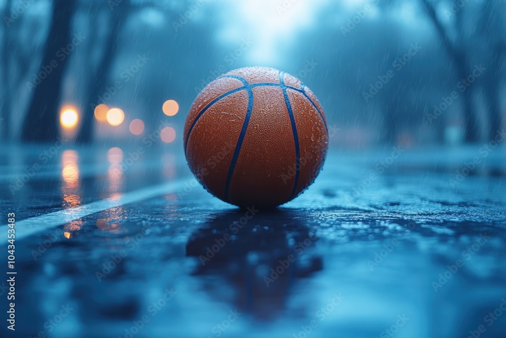 A wet basketball sits alone on an empty court under soft evening light during rainfall A wet basketball sits alone on an empty court under soft evening light during rainfall
