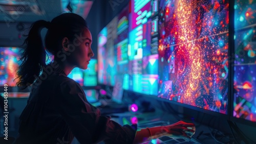 A digital artist in a high-tech studio with an AI assistant as a spectrum of colors and patterns, providing real-time feedback and suggestions. Bright lighting enhances the vivid colors. AIG60