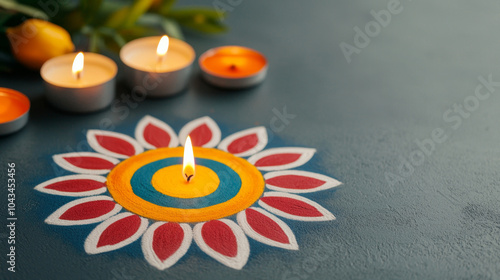 Celebrating festival of lights with colorful rangoli and candles a beautiful display of tradition and joy photo