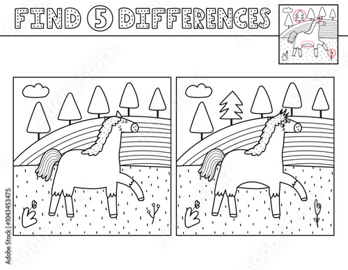 Find differences black and white activity page for kids with a cute horse. Puzzle game in outline with a farm character for developing attention and concentration skills. Vector illustration