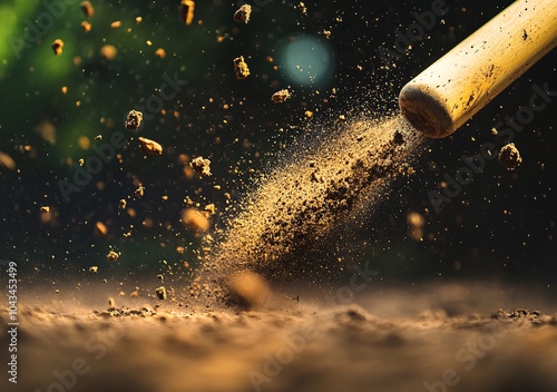 A baseball bat strikes the ground, sending dirt and debris flying during a lively game in a sunny park on a vibrant afternoon photo